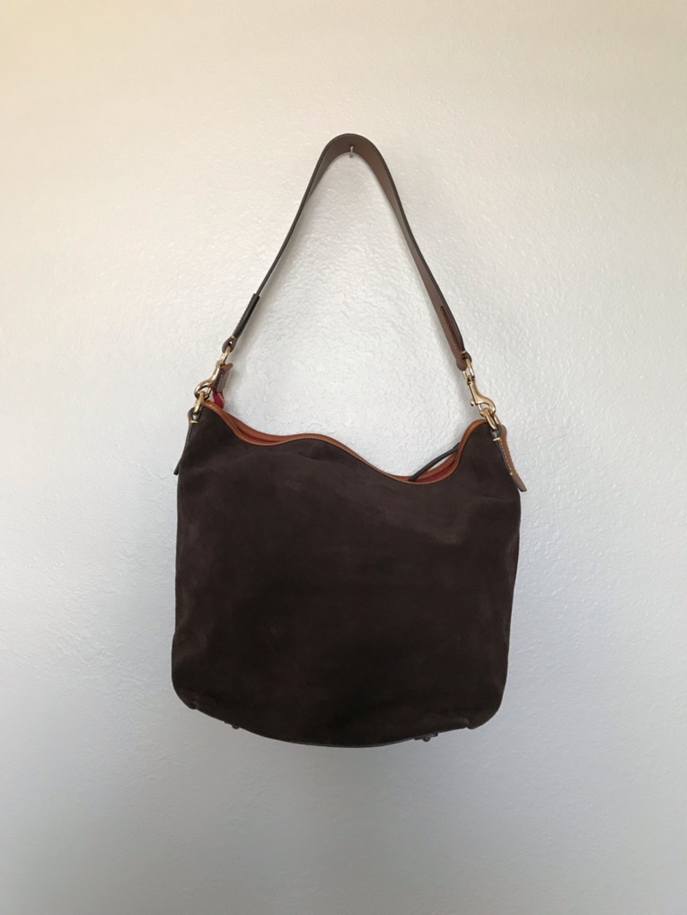 Dooney & Bourke Brown Suede Hobo Bag with Italian Leather Camel Trim - Picture 7 of 9